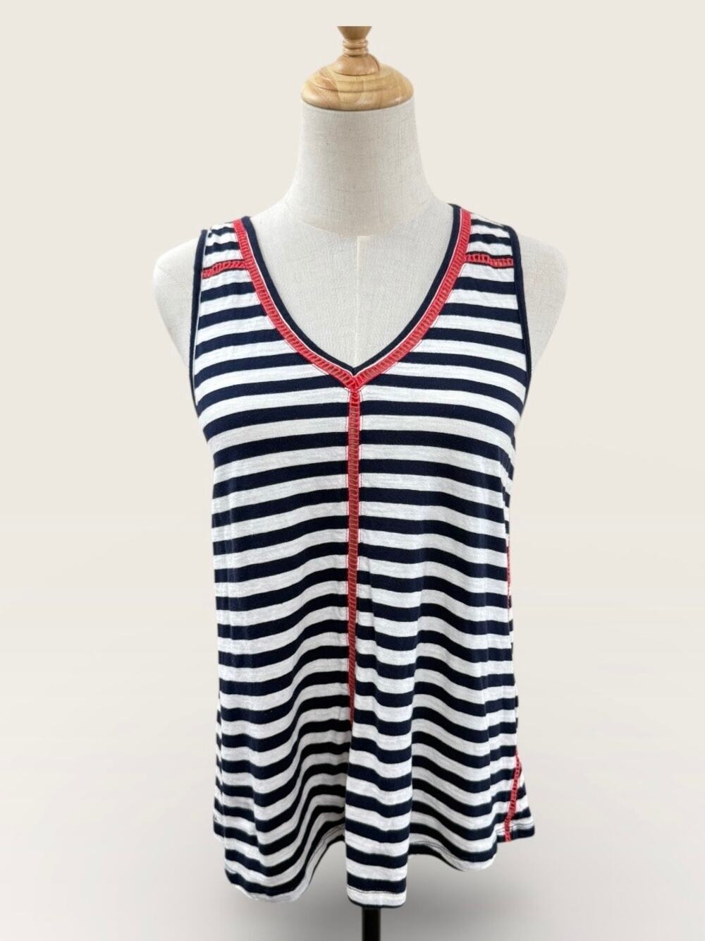 THML Navy Striped V Necked Tank with Coral Net Trim, Size M